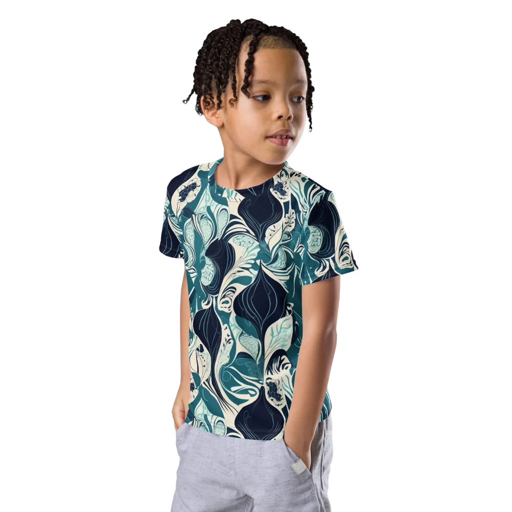 Indigo Tidal Garden on Kids Crew Neck T-Shirt — Left Front