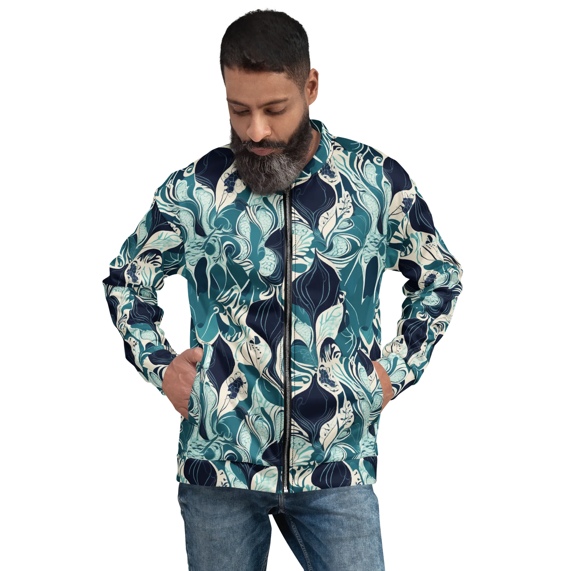 Indigo Tidal Garden on Bomber Jacket — Front