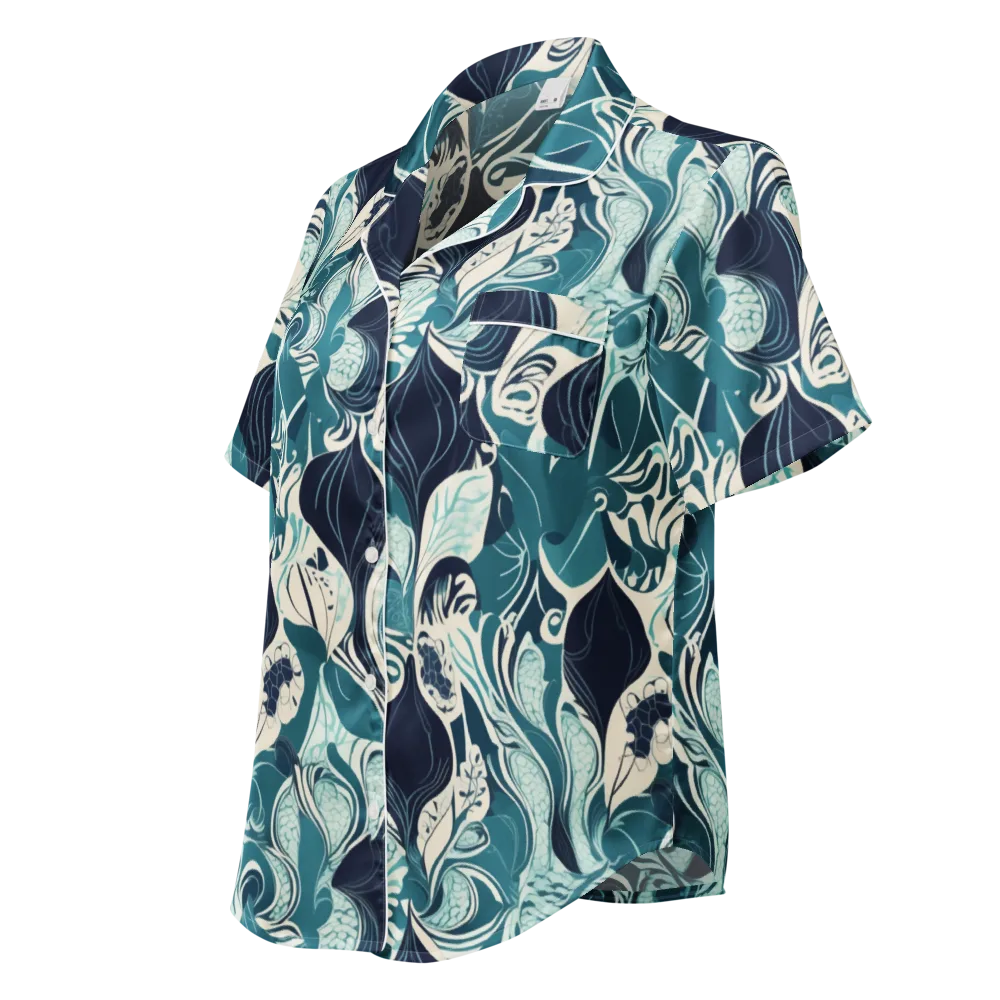 Indigo Tidal Garden on Women's Short Sleeve Pajama Top — Left Front