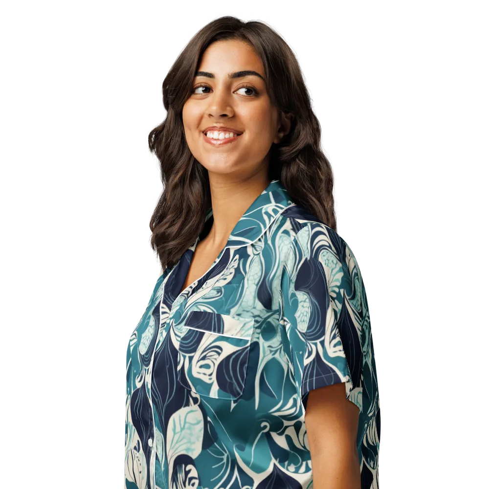 Indigo Tidal Garden on Women's Short Sleeve Pajama Top — Left Front