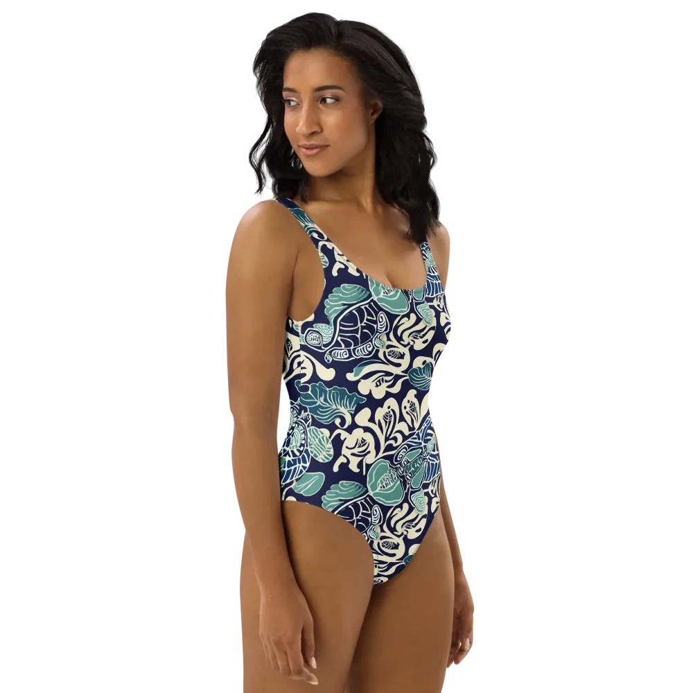Navy Beetle Garden on One-Piece Swimsuit — Right