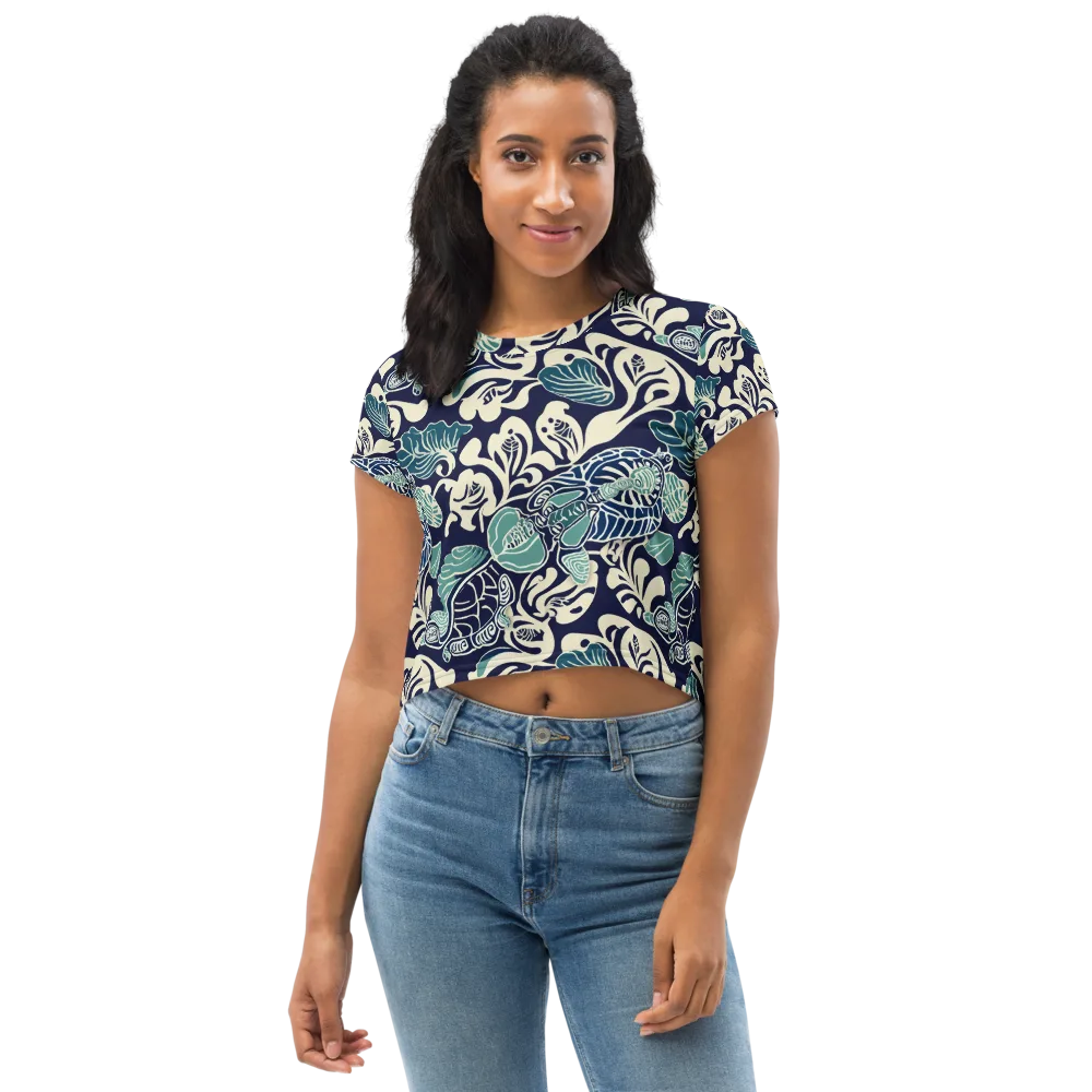 Navy Beetle Garden on Crop Tee — Front