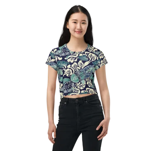 Navy Beetle Garden on a Crop Tee