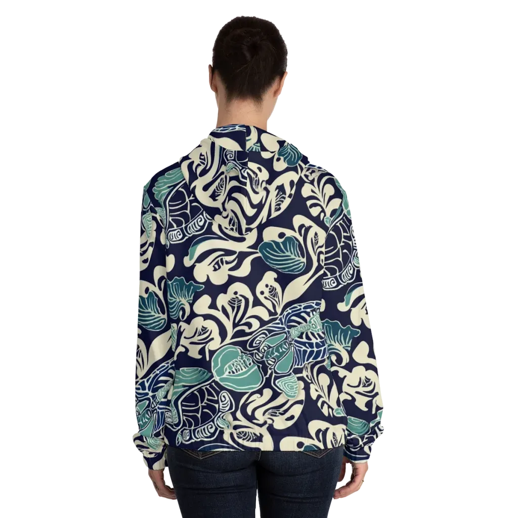 Navy Beetle Garden on Women's Full-Zip Hoodie — Back On Person