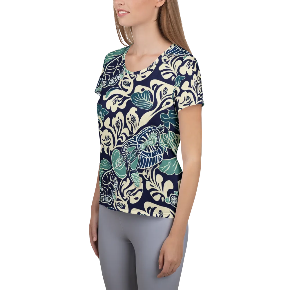 Navy Beetle Garden on Women's Athletic T-Shirt — Left
