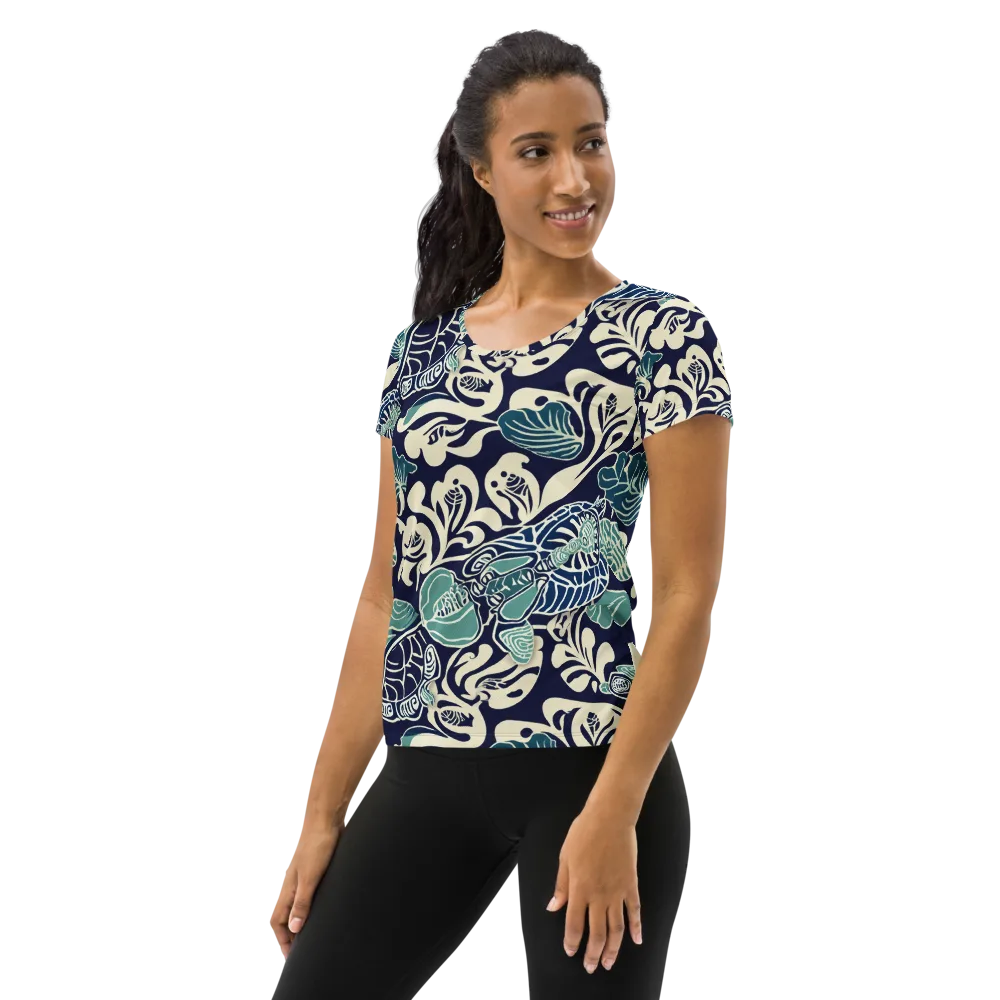 Navy Beetle Garden on Women's Athletic T-Shirt — Left