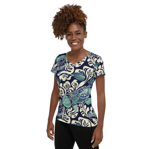 Navy Beetle Garden on a Women's Athletic T-Shirt
