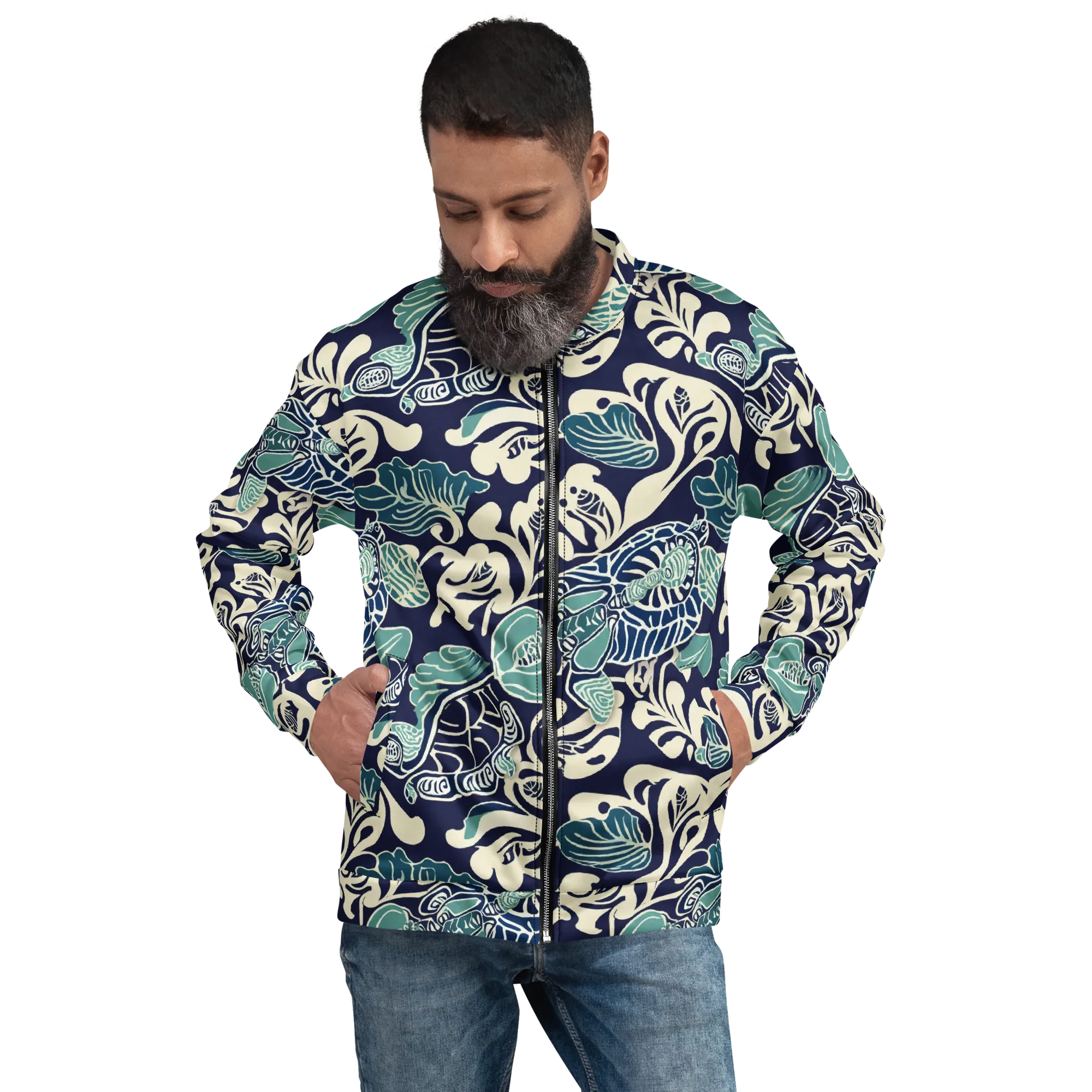 Navy Beetle Garden on Bomber Jacket — Front