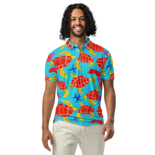 Red Shell Reverie on a Men's Slim Fit Polo Shirt