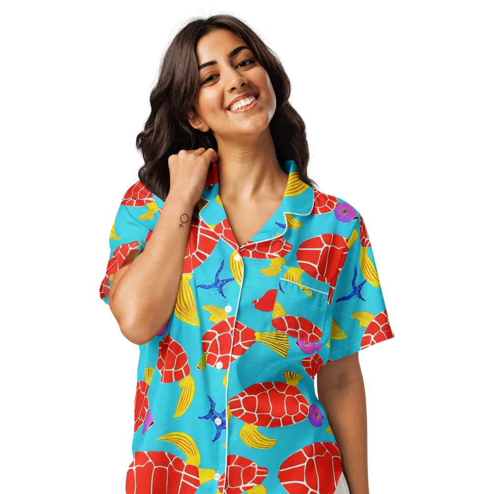 Red Shell Reverie on Women's Short Sleeve Pajama Top — Front