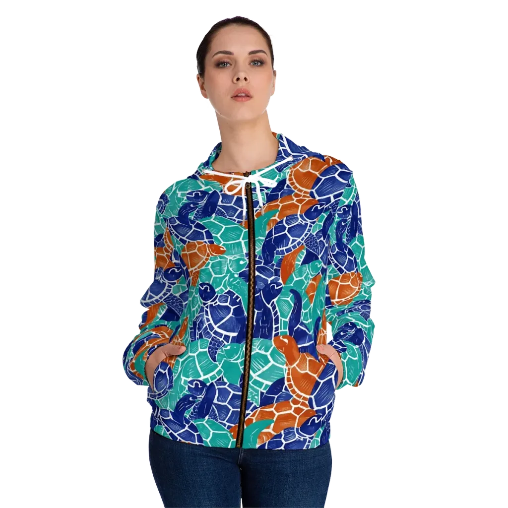 Indigo Shells on Women's Full-Zip Hoodie — Front On Person