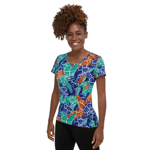 Indigo Shells on a Women's Athletic T-Shirt