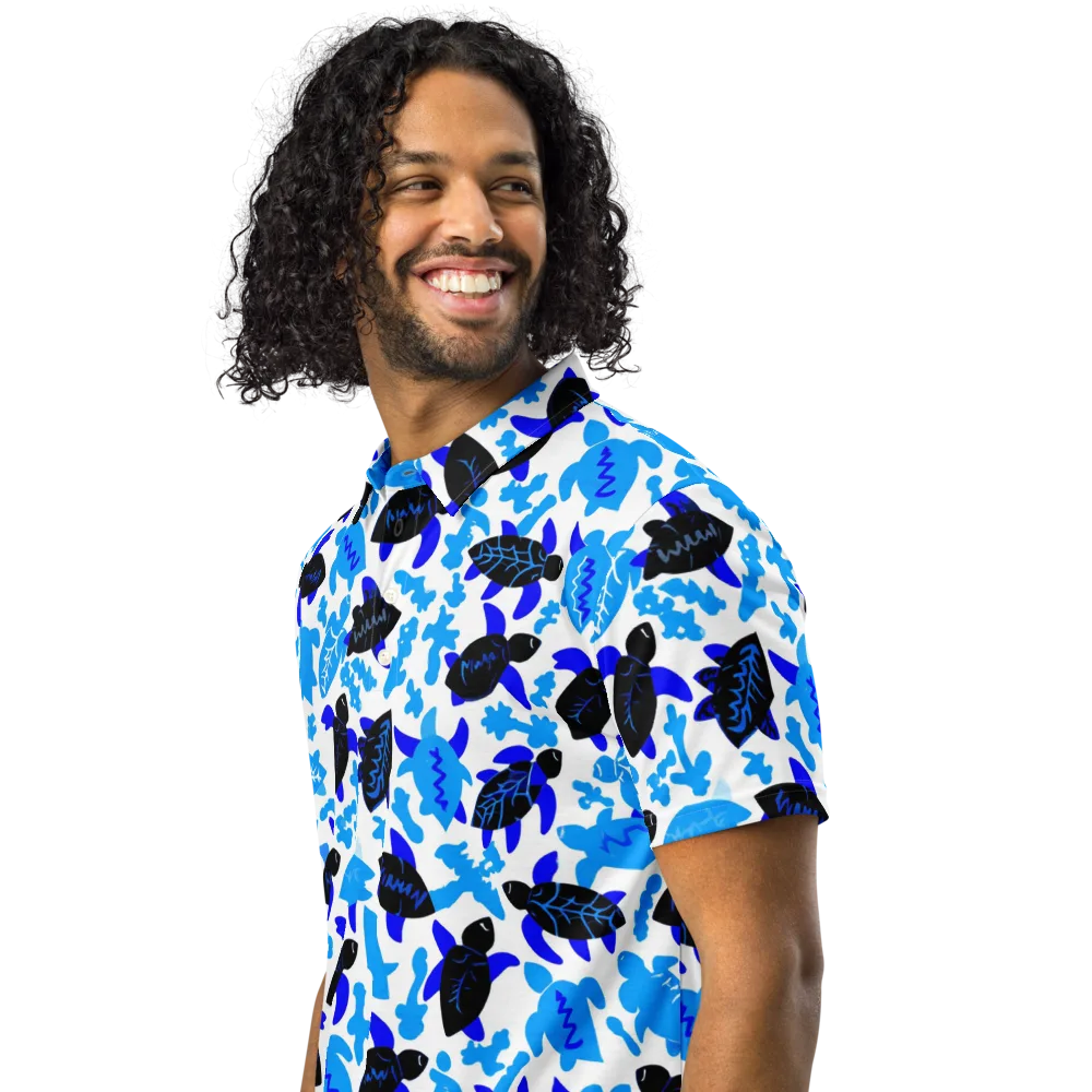 Azure Shell Shuffle on Men's Slim Fit Polo Shirt — Left Front