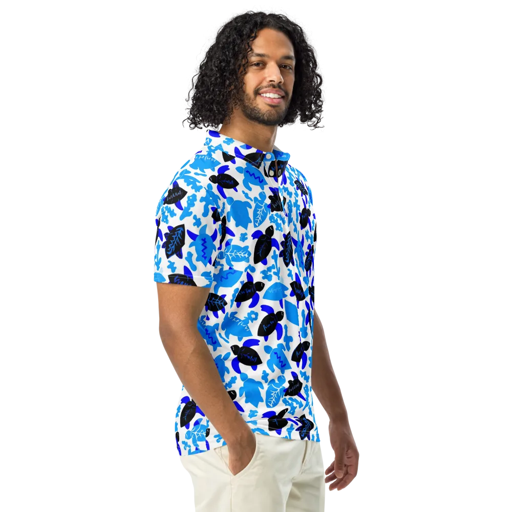Azure Shell Shuffle on Men's Slim Fit Polo Shirt — Right Front