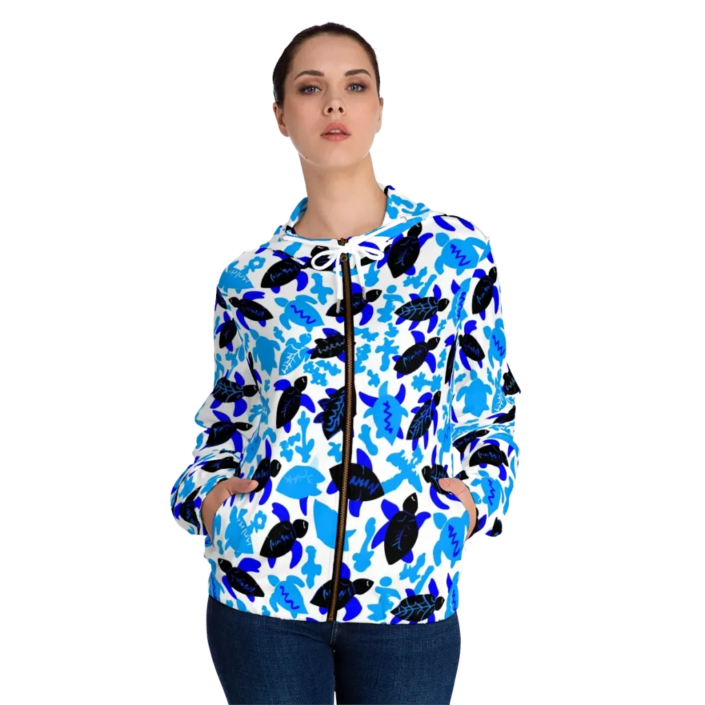 Azure Shell Shuffle on Women's Full-Zip Hoodie — Front On Person