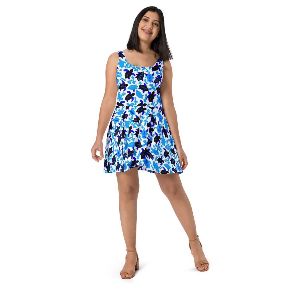 Azure Shell Shuffle on Skater Dress — Front