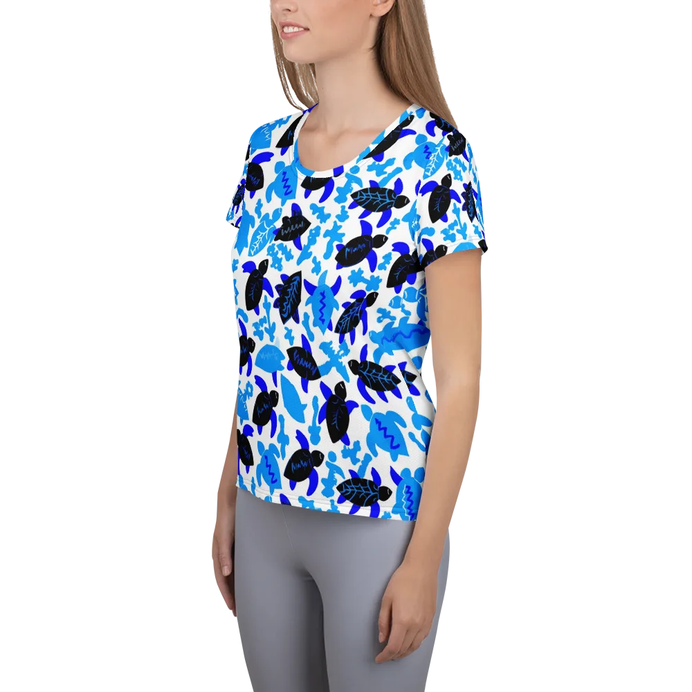 Azure Shell Shuffle on Women's Athletic T-Shirt — Left