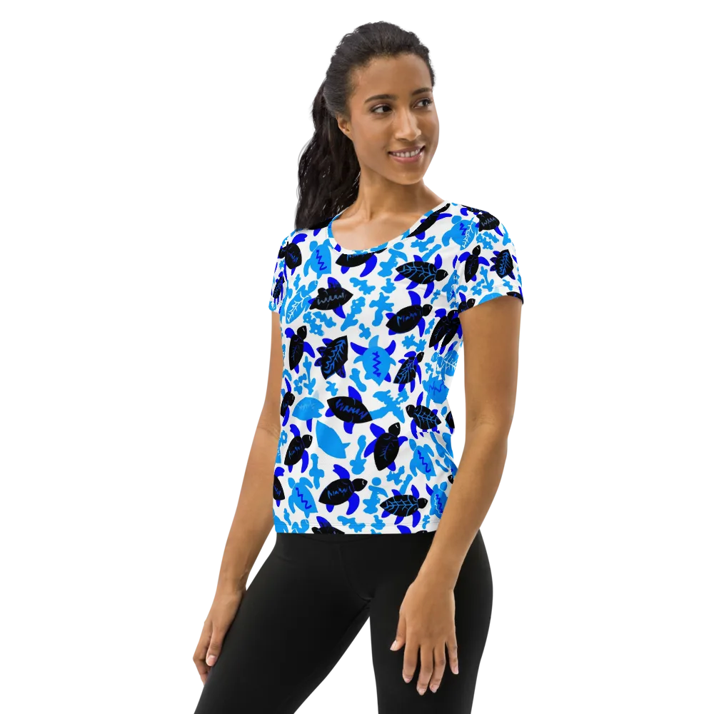 Azure Shell Shuffle on Women's Athletic T-Shirt — Left