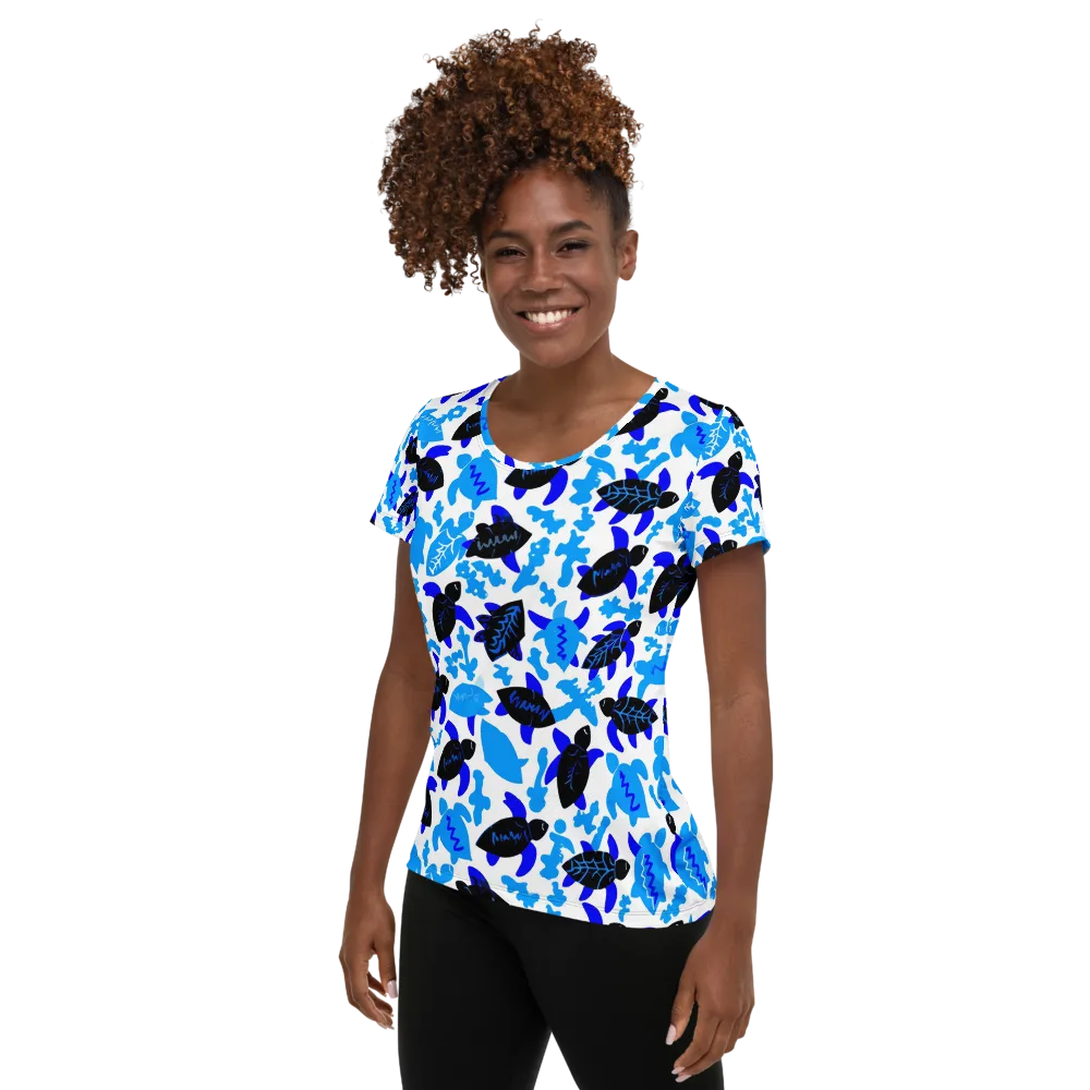 Azure Shell Shuffle on Women's Athletic T-Shirt — Left