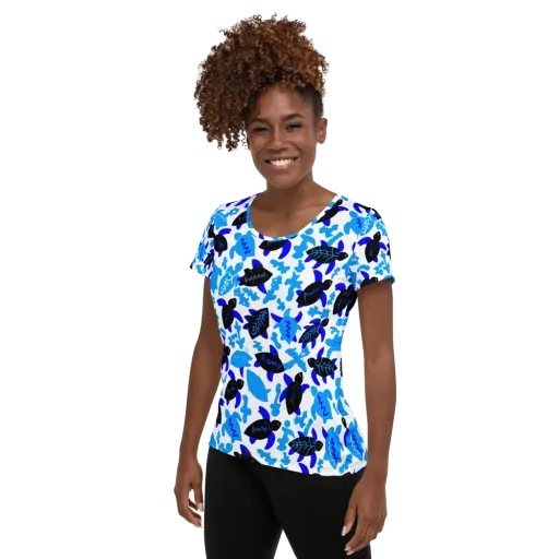 Azure Shell Shuffle on a Women's Athletic T-Shirt