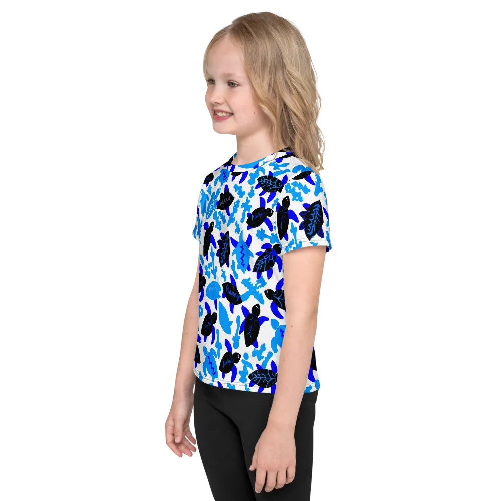 Azure Shell Shuffle on Kids Crew Neck T-Shirt — Left