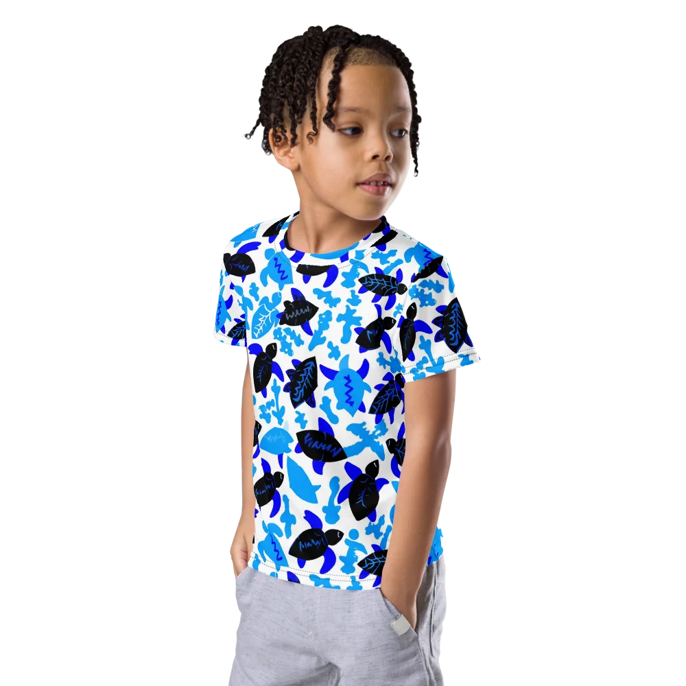Azure Shell Shuffle on Kids Crew Neck T-Shirt — Left Front