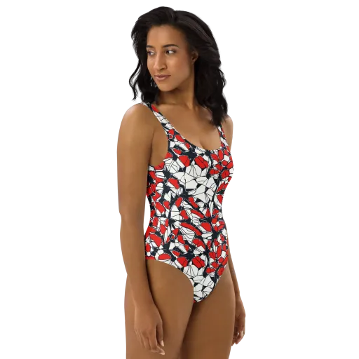 Crimson Fracture on a One-Piece Swimsuit