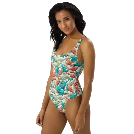 Coral Crustacean on a One-Piece Swimsuit