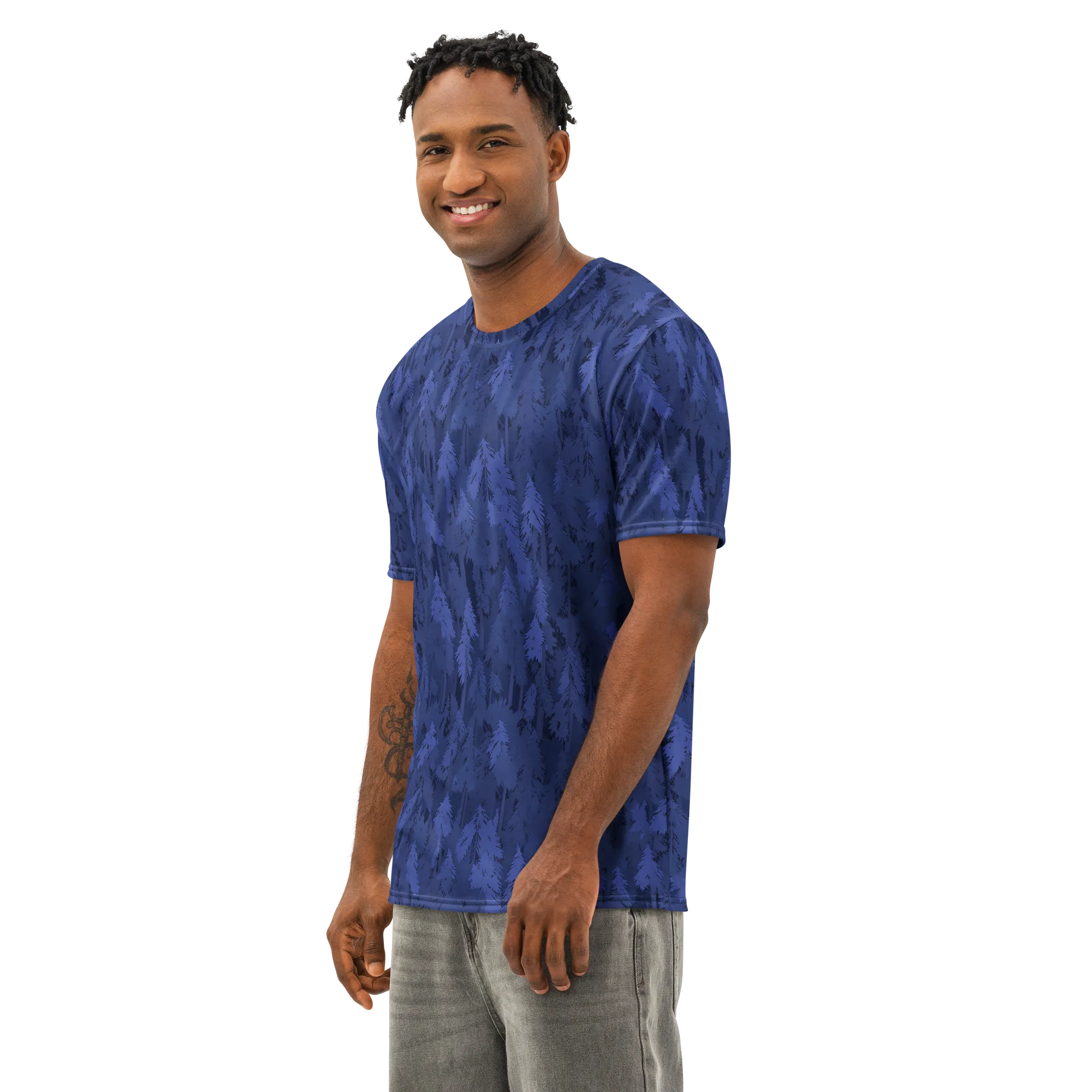 Indigo Evergreen on Men's Cotton Crew Neck T-Shirt — Left Front