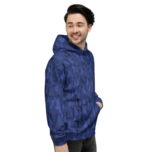 Indigo Evergreen on a Hoodie