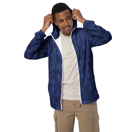 Indigo Evergreen on a Men's Windbreaker
