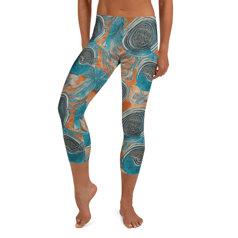 Turquoise Undertow on Capri Leggings — Front