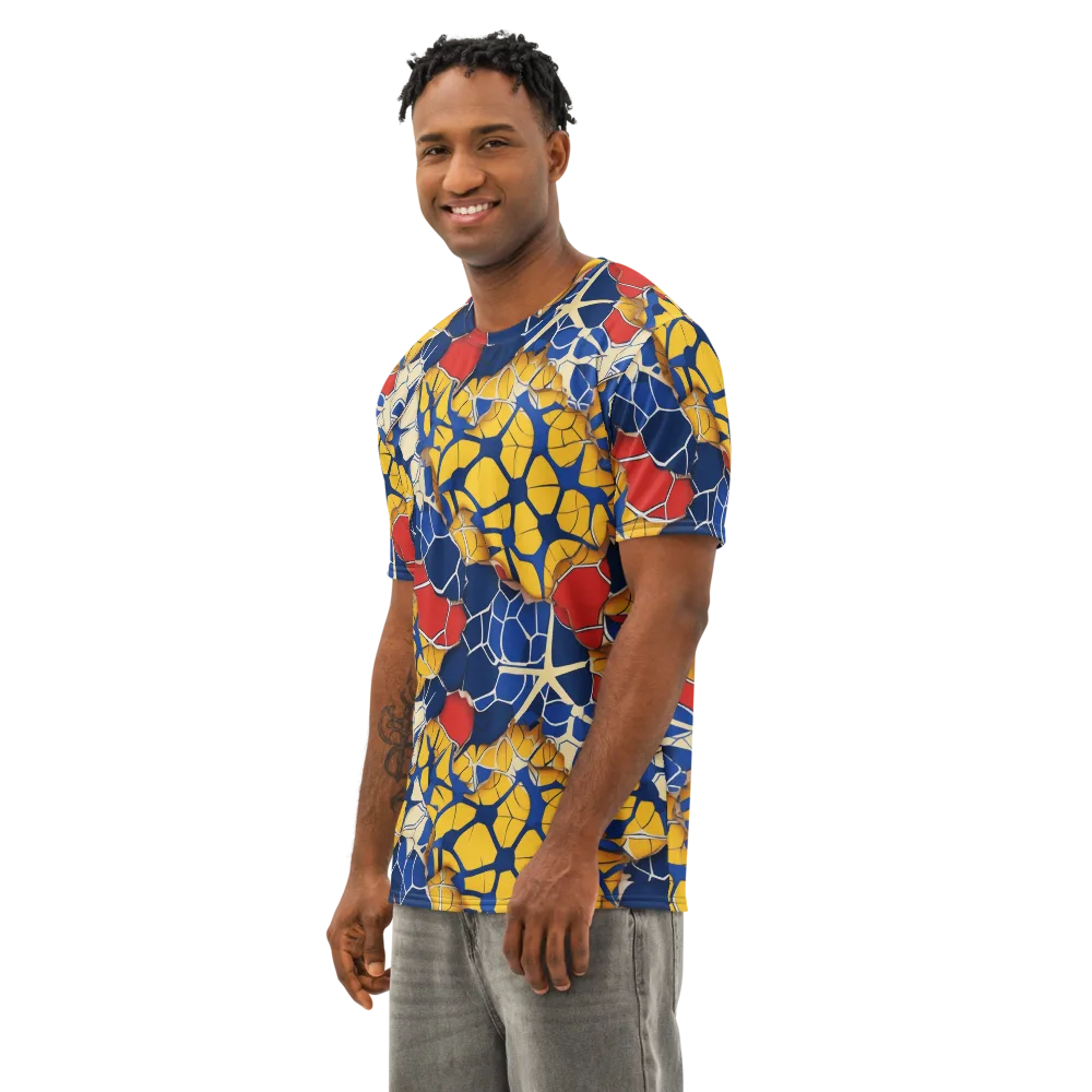 Cobalt Cellwork on Men's Cotton Crew Neck T-Shirt — Left Front
