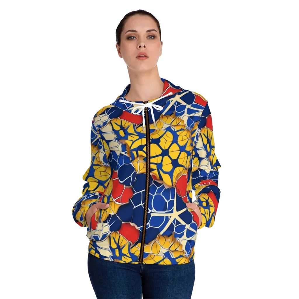 Cobalt Cellwork on Women's Full-Zip Hoodie — Front On Person