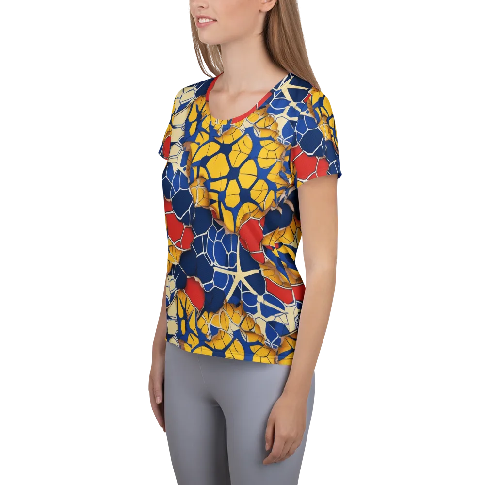 Cobalt Cellwork on Women's Athletic T-Shirt — Left