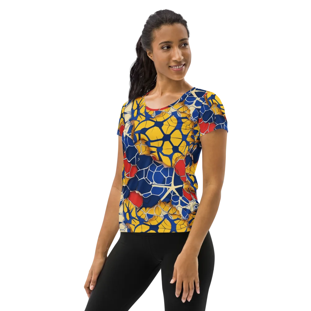 Cobalt Cellwork on Women's Athletic T-Shirt — Left