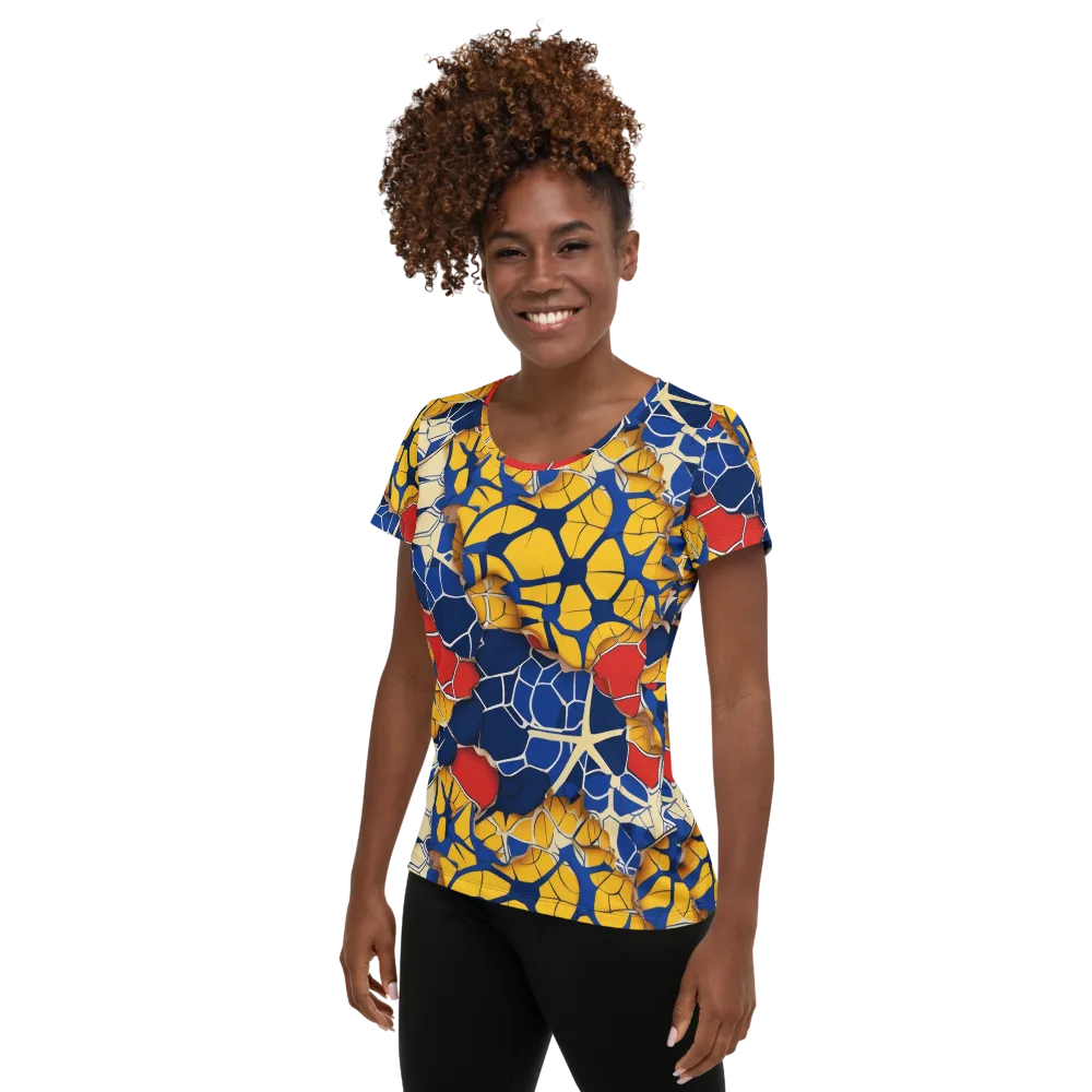 Cobalt Cellwork on Women's Athletic T-Shirt — Left
