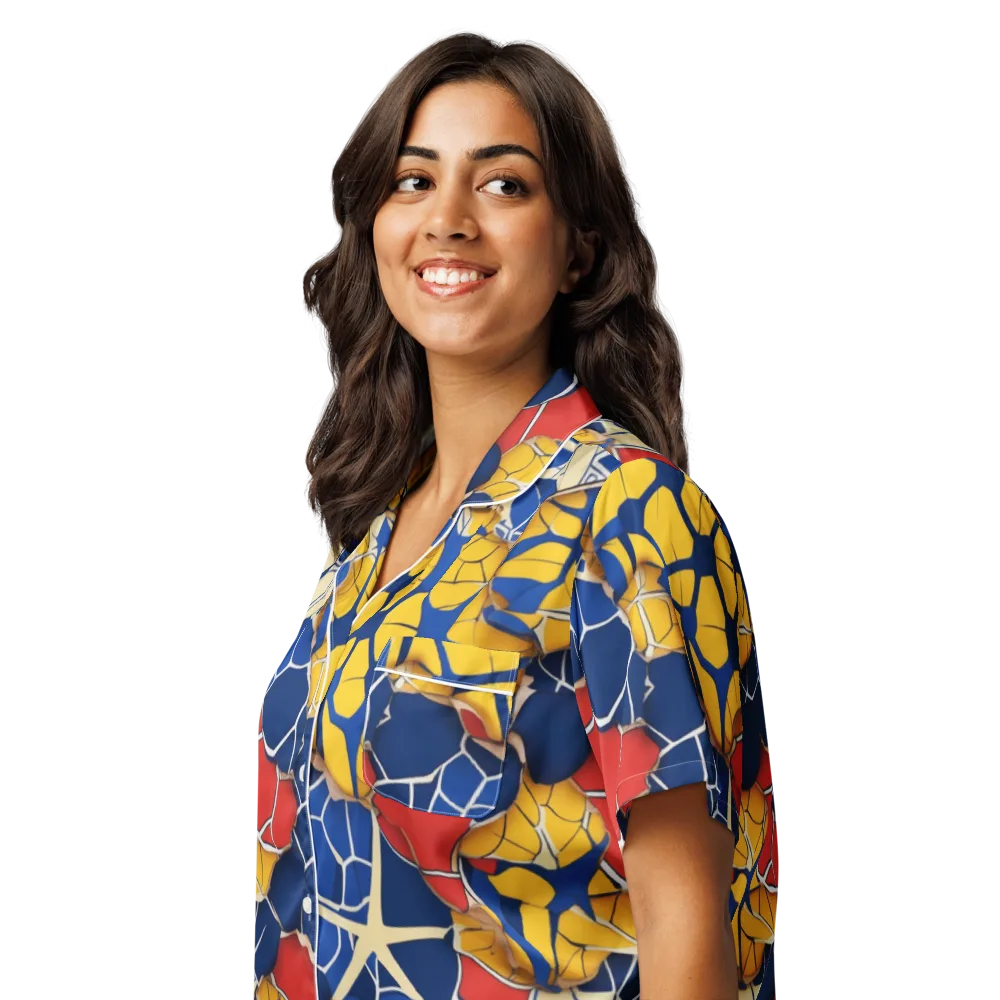 Cobalt Cellwork on Women's Short Sleeve Pajama Top — Left Front