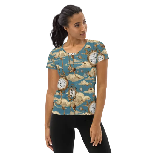 Cloudwork Clock on a Women's Athletic T-Shirt