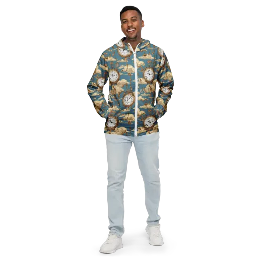 Cloudwork Clock on a Men's Windbreaker