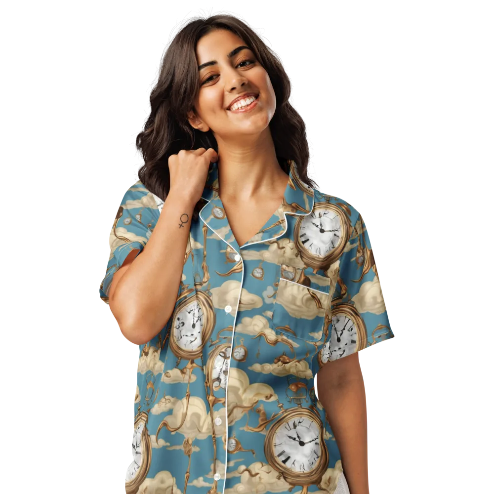 Cloudwork Clock on Women's Short Sleeve Pajama Top — Front