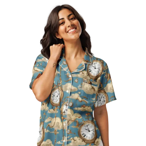 Cloudwork Clock on a Women's Short Sleeve Pajama Top