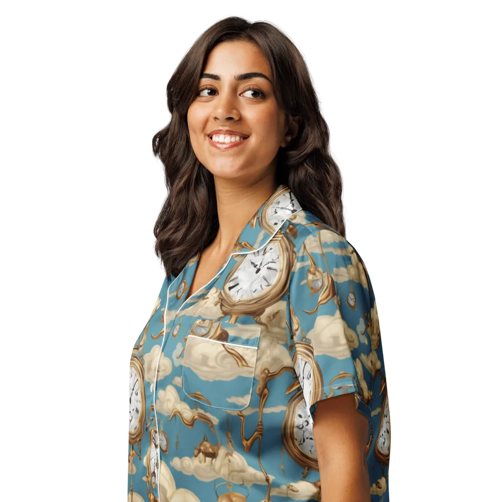 Cloudwork Clock on Women's Short Sleeve Pajama Top — Left Front