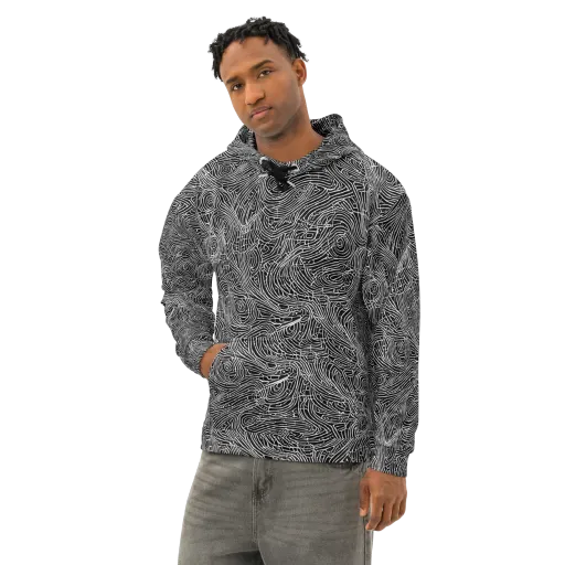 Noir Topography on a Cotton Hoodie