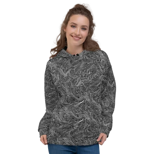 Noir Topography on a Hoodie