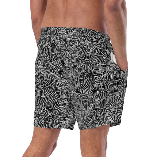 Noir Topography on a Swim Trunks