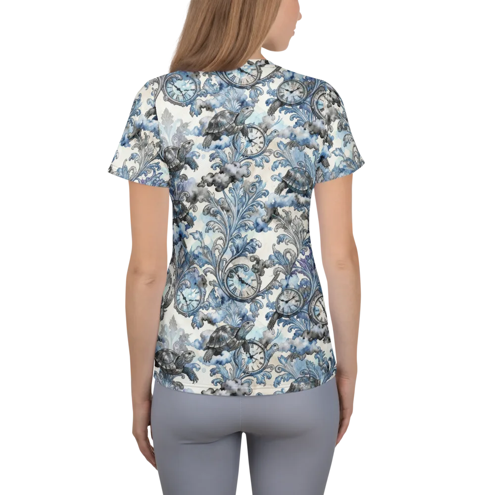 Tortoise Timepiece on Women's Athletic T-Shirt — Back