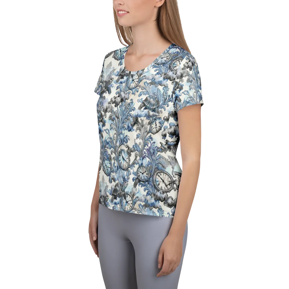 Tortoise Timepiece on Women's Athletic T-Shirt — Left