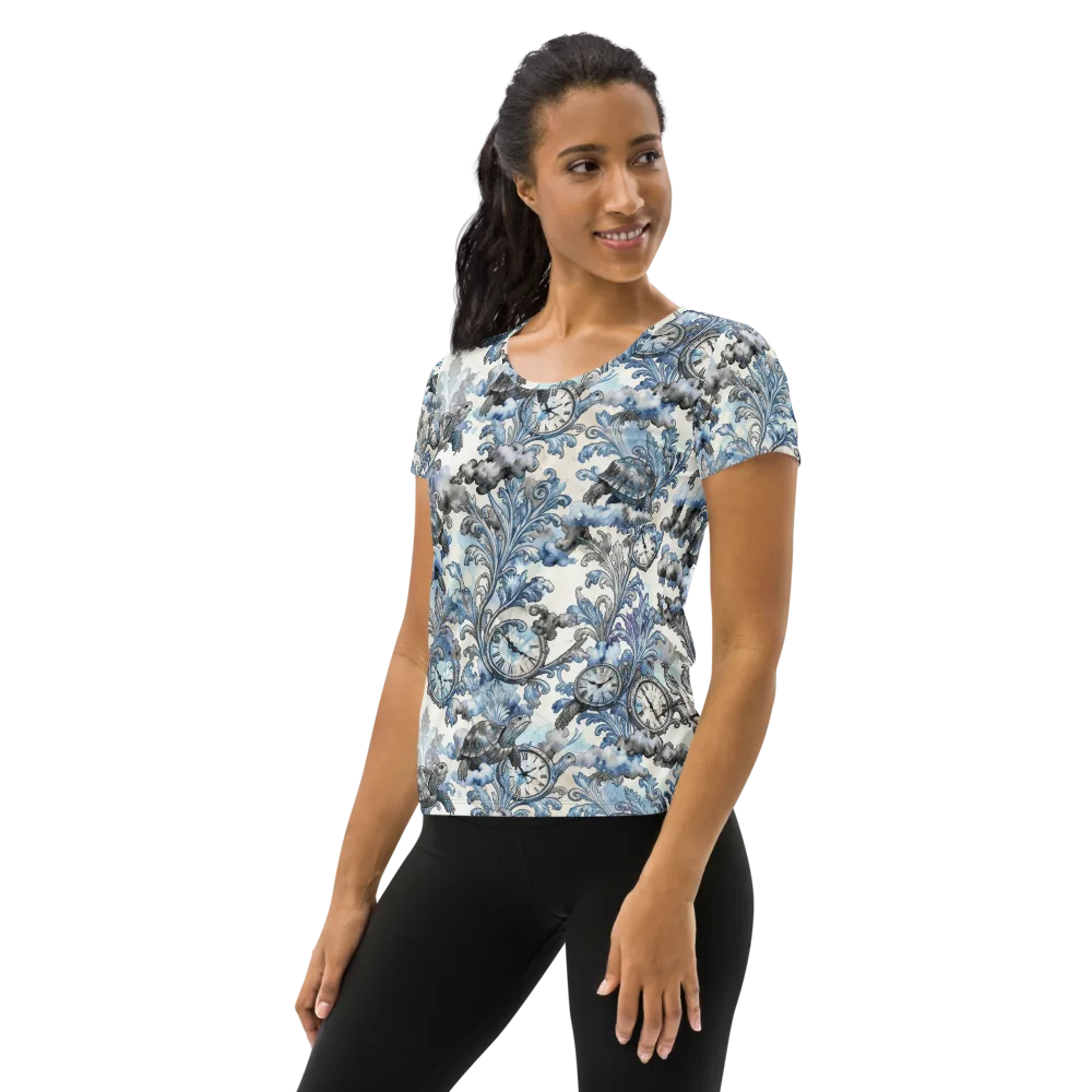 Tortoise Timepiece on Women's Athletic T-Shirt — Left