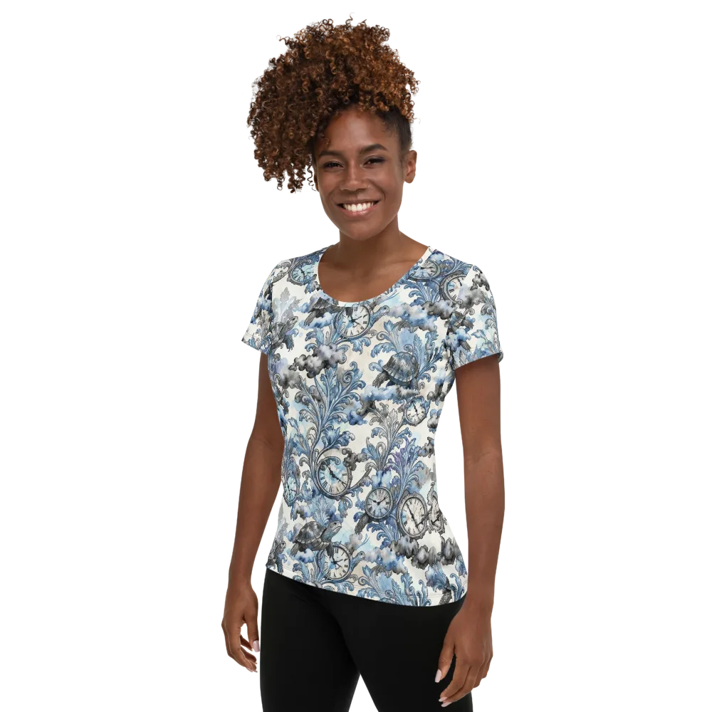 Tortoise Timepiece on Women's Athletic T-Shirt — Left